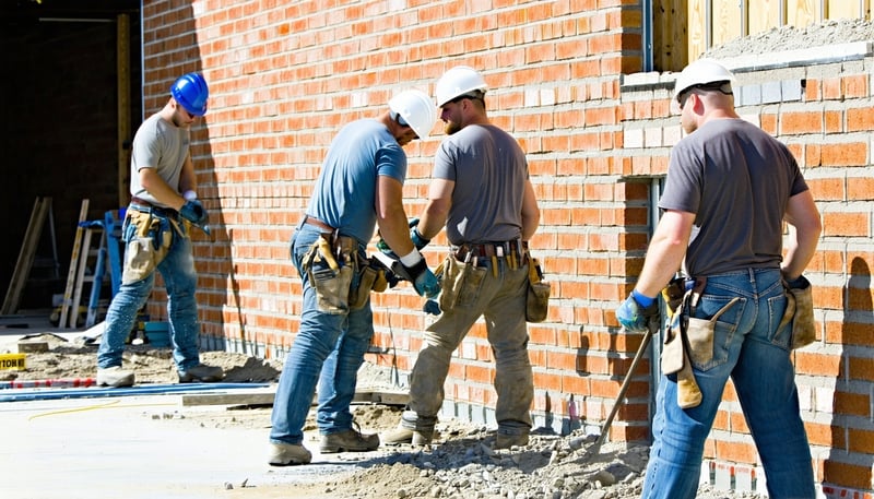 Professional masons working on a brick wall in the DFW area