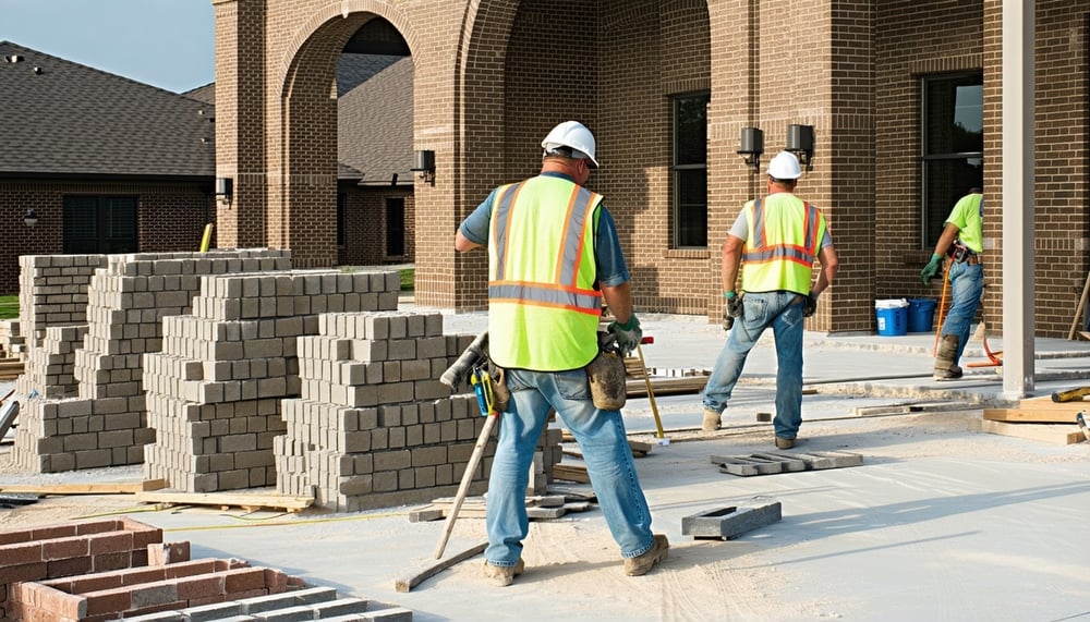 Bricklayers working on a masonry project in Fort Worth, Texas